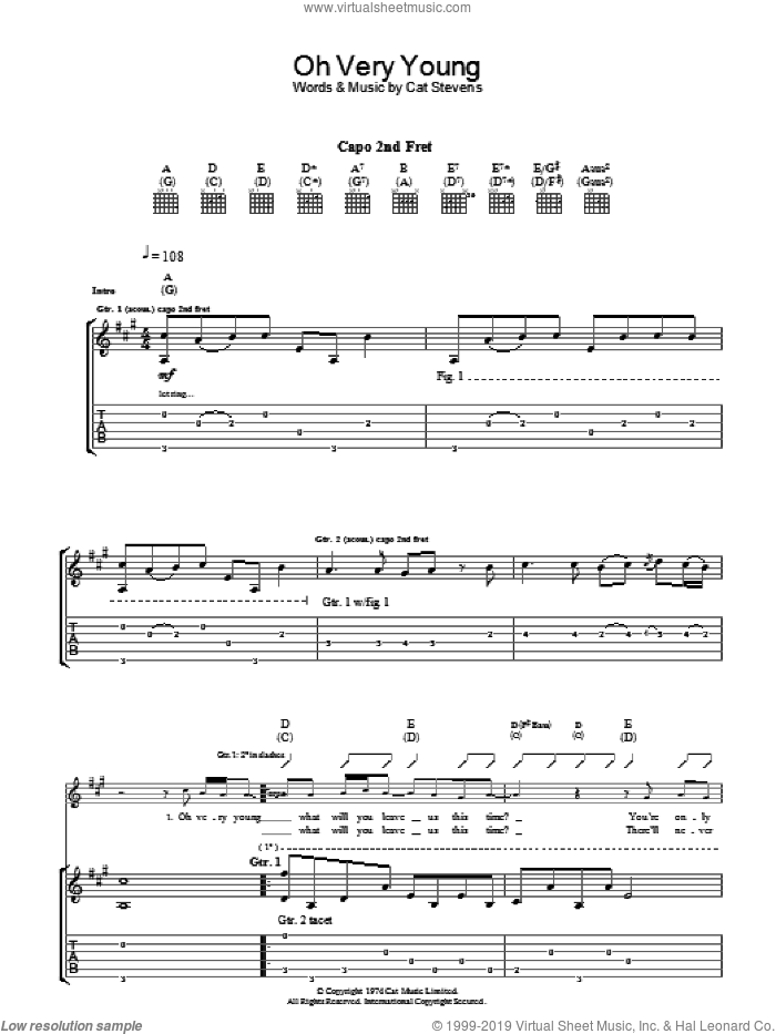 Oh Very Young sheet music for guitar (tablature) by Cat Stevens, intermediate skill level