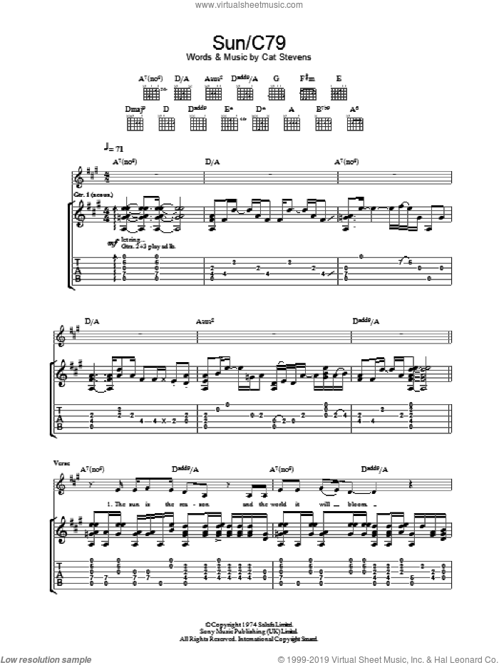 Sun/C79 sheet music for guitar (tablature) by Cat Stevens, intermediate skill level