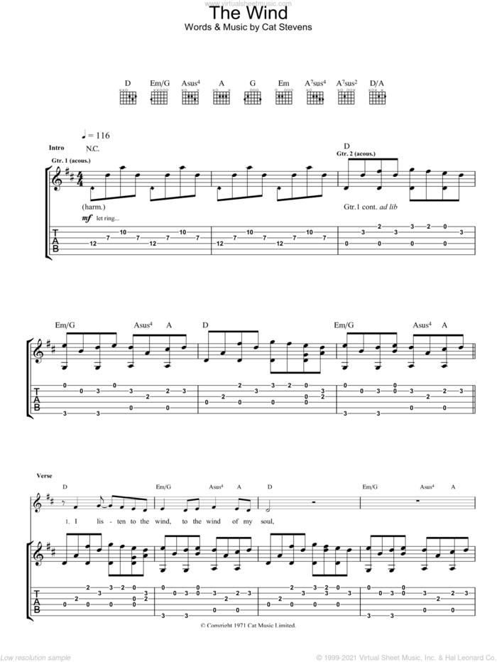 The Wind sheet music for guitar (tablature) by Cat Stevens, intermediate skill level