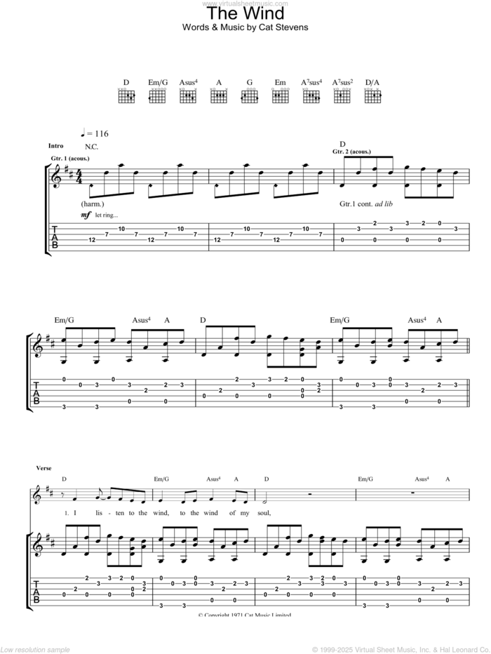 The Wind sheet music for guitar (tablature) by Cat Stevens, intermediate skill level