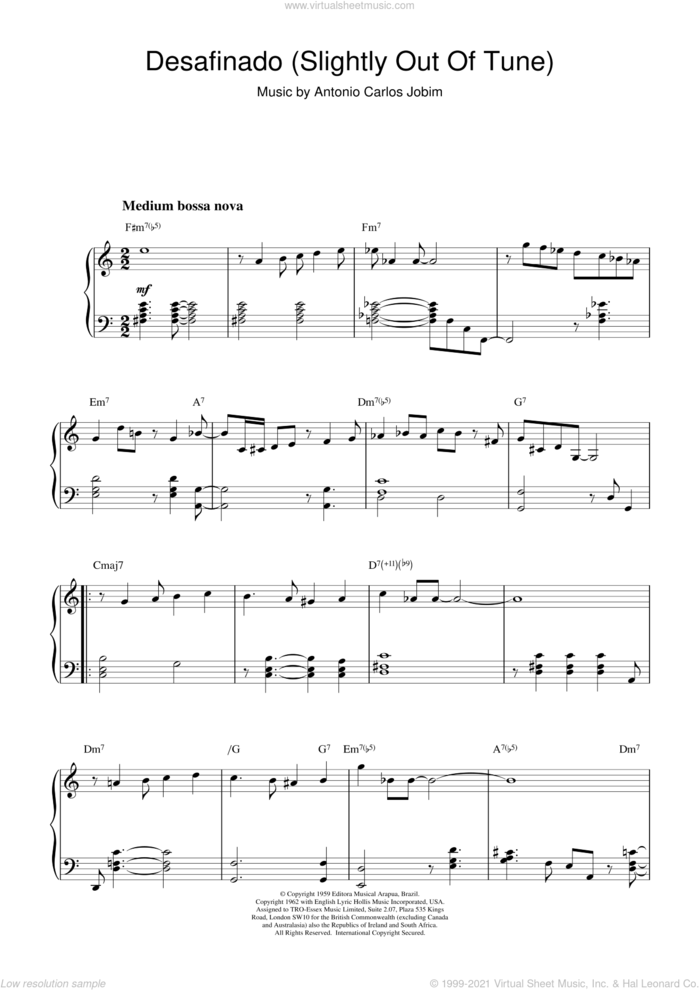 Desafinado (Slightly Out Of Tune) sheet music for piano solo by Antonio Carlos Jobim, George Gershwin, Jessie Cavanaugh and Jon Hendricks, intermediate skill level