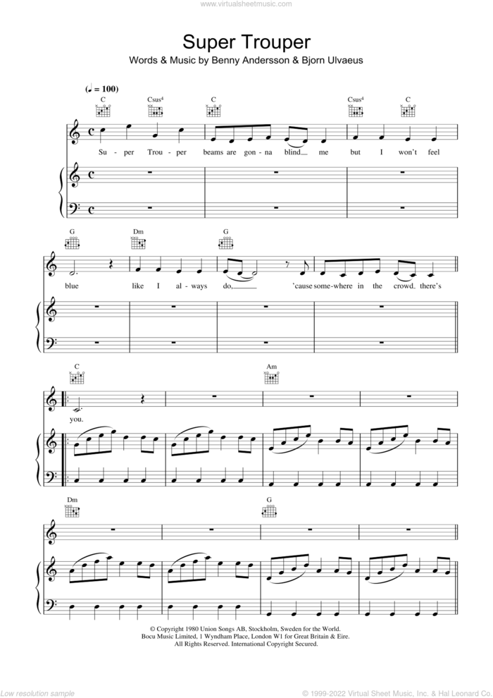 Super Trouper sheet music for voice, piano or guitar by Benny Andersson, ABBA and Bjorn Ulvaeus, intermediate skill level