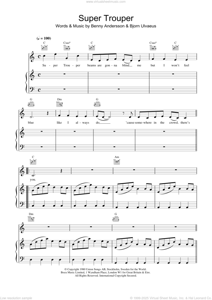 Super Trouper sheet music for voice, piano or guitar by Benny Andersson, ABBA and Bjorn Ulvaeus, intermediate skill level