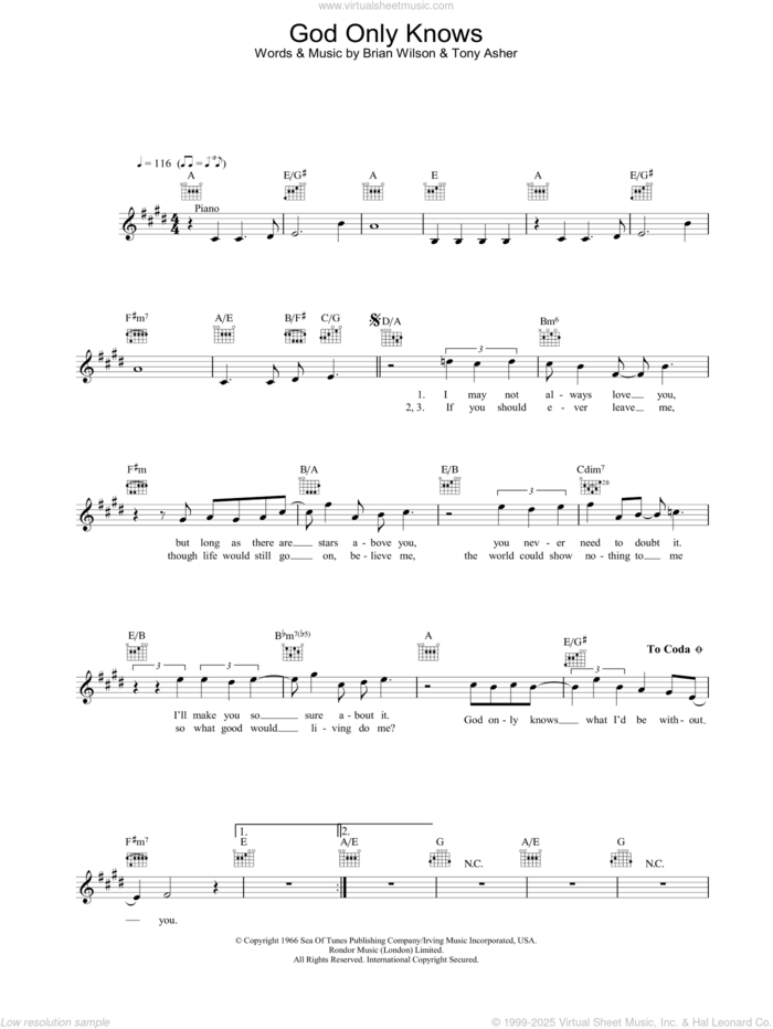 God Only Knows sheet music for voice and other instruments (fake book) by The Beach Boys, intermediate skill level