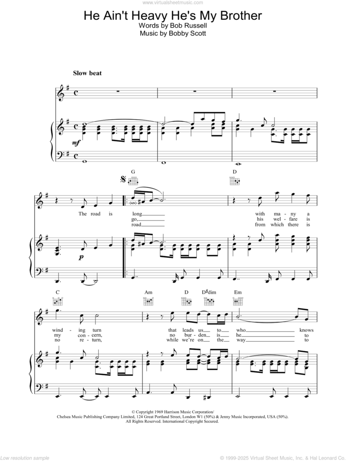 He Ain't Heavy, He's My Brother sheet music for voice, piano or guitar by The Hollies, Neil Diamond, Bob Russell and Bobby Scott, intermediate skill level