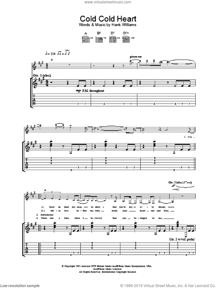 Cold, Cold Heart sheet music for guitar (tablature) by Norah Jones and Hank Williams, intermediate skill level