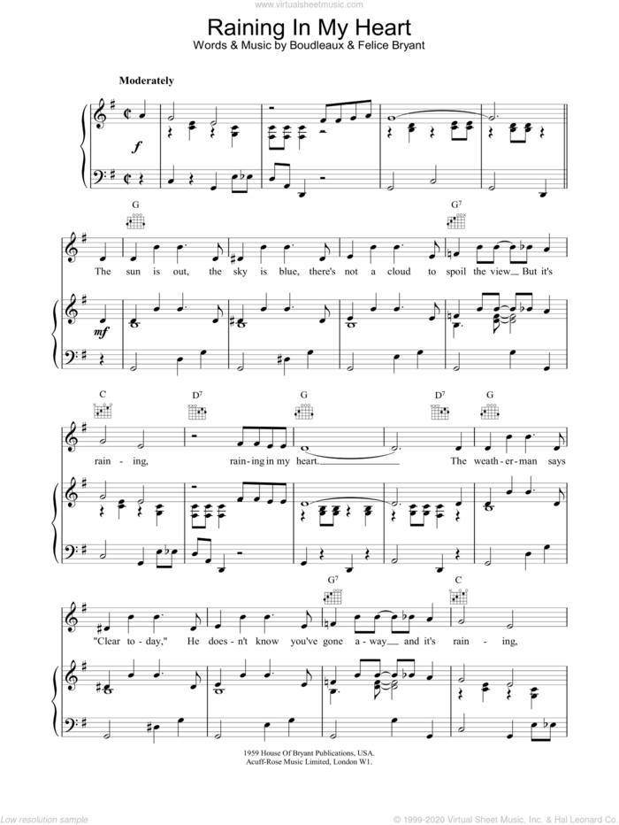 Raining In My Heart sheet music for voice, piano or guitar by Roy Orbison, intermediate skill level