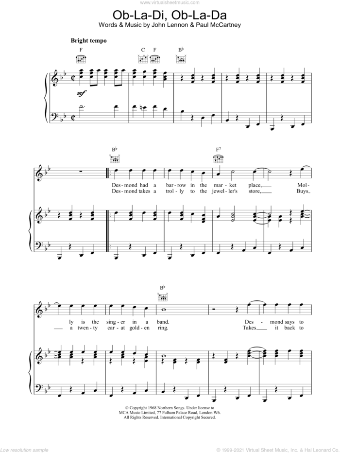 Ob La Di Ob La Da sheet music for voice, piano or guitar by The Beatles, intermediate skill level