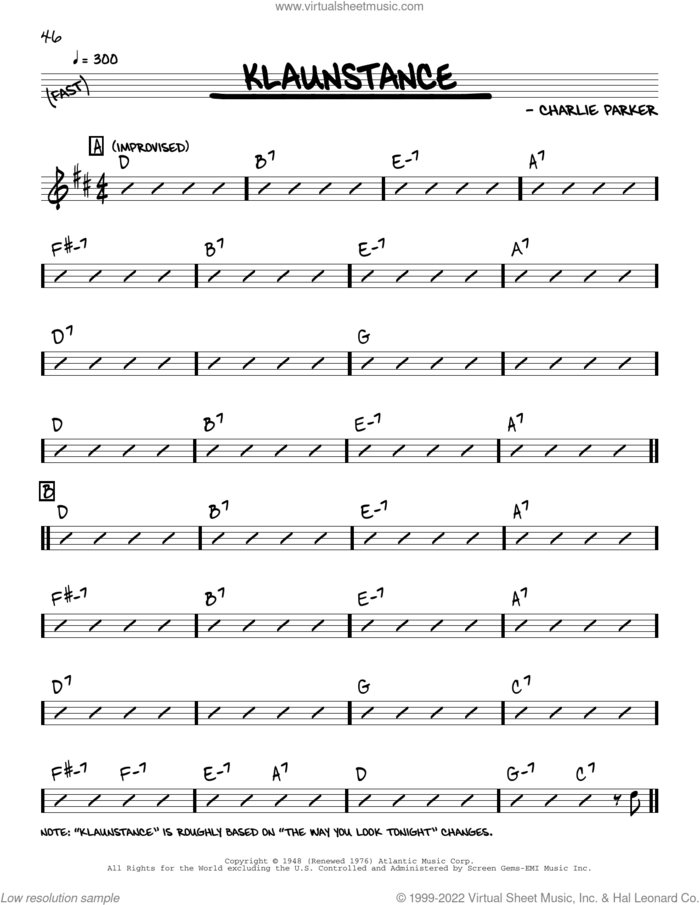 Klaunstance sheet music for voice and other instruments (real book) by Charlie Parker, intermediate skill level