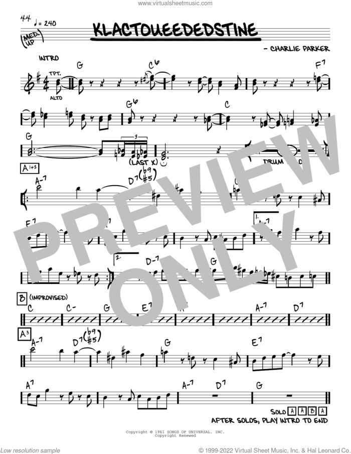 Klactoveededstene sheet music for voice and other instruments (real book) by Charlie Parker, intermediate skill level