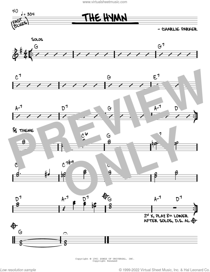 The Hymn sheet music for voice and other instruments (real book) by Charlie Parker, intermediate skill level