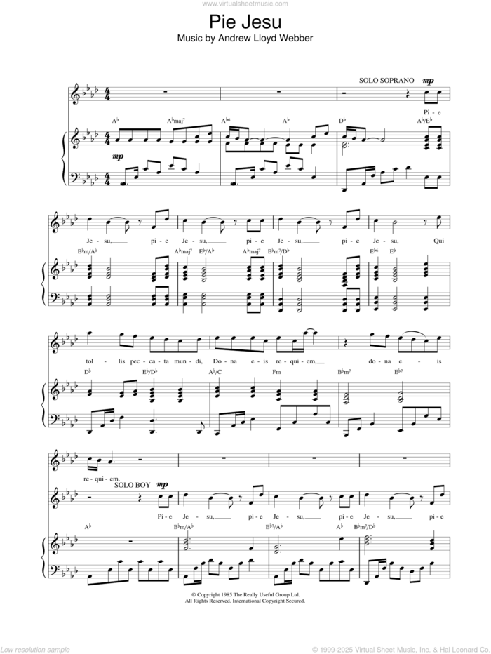 Pie Jesu sheet music for voice, piano or guitar by Andrew Lloyd Webber, classical score, intermediate skill level