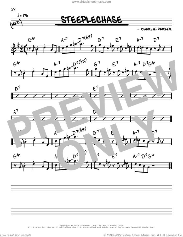 Steeplechase sheet music for voice and other instruments (in Eb) by Charlie Parker, intermediate skill level