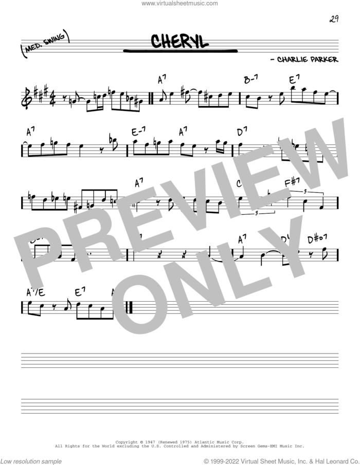 Cheryl sheet music for voice and other instruments (in Eb) by Charlie Parker, intermediate skill level