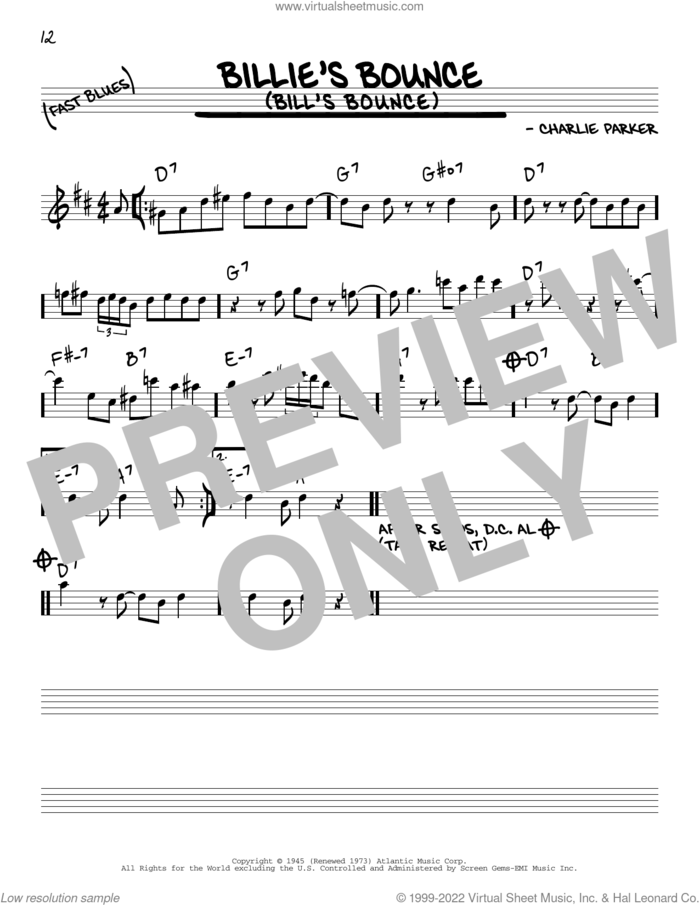 Billie's Bounce (Bill's Bounce) sheet music for voice and other instruments (in Eb) by Charlie Parker, intermediate skill level