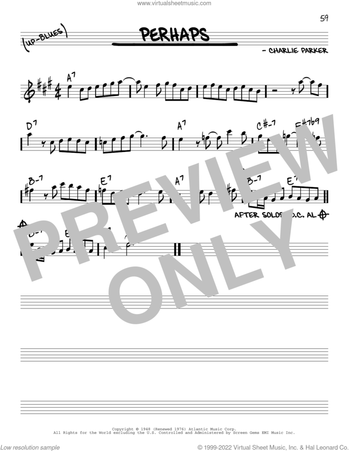 Perhaps sheet music for voice and other instruments (in Eb) by Charlie Parker, intermediate skill level
