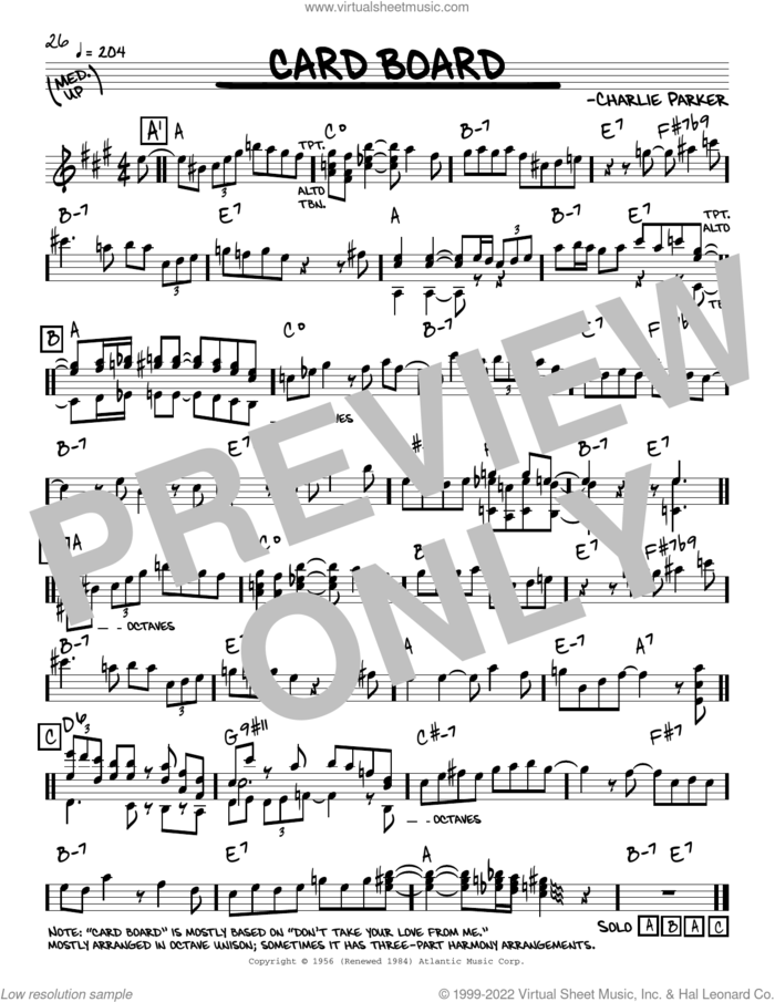 Card Board sheet music for voice and other instruments (real book) by Charlie Parker, intermediate skill level