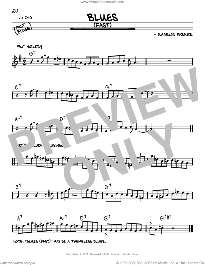 Blues (Fast) sheet music for voice and other instruments (real book) by Charlie Parker, intermediate skill level