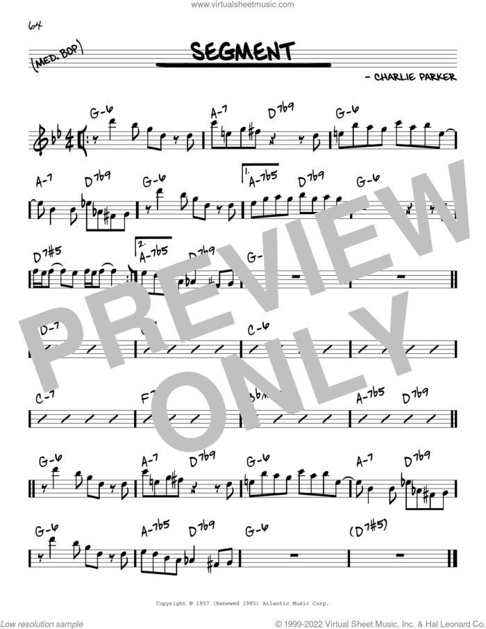 Segment sheet music for voice and other instruments (in Eb) by Charlie Parker, intermediate skill level