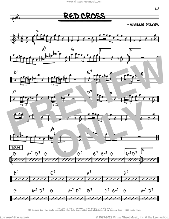 Red Cross sheet music for voice and other instruments (in Eb) by Charlie Parker, intermediate skill level
