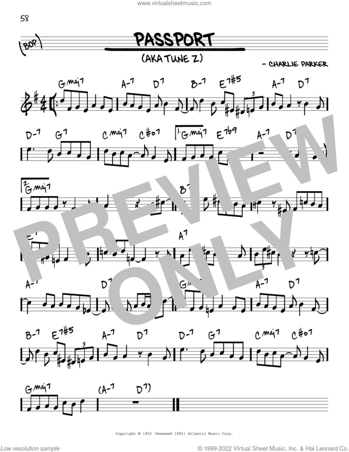 Passport sheet music for voice and other instruments (in Eb) by Charlie Parker, intermediate skill level