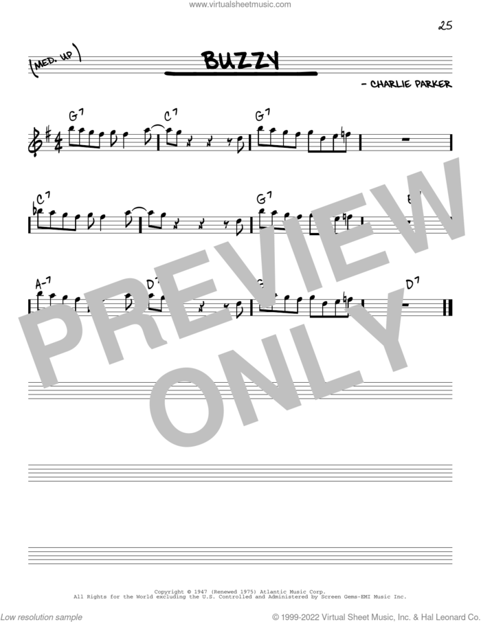 Buzzy sheet music for voice and other instruments (in Eb) by Charlie Parker, intermediate skill level