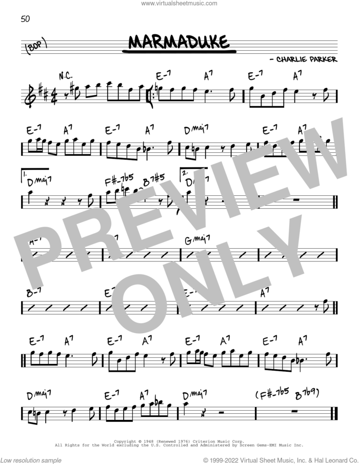 Marmaduke sheet music for voice and other instruments (in Eb) by Charlie Parker, intermediate skill level