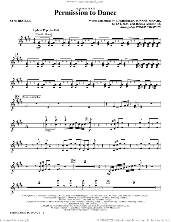 Permission To Dance (arr. Roger Emerson) (complete set of parts) sheet music for orchestra/band by Roger Emerson, BTS, Ed Sheeran, Jenna Andrews, Johnny McDaid and Steve Mac, intermediate skill level