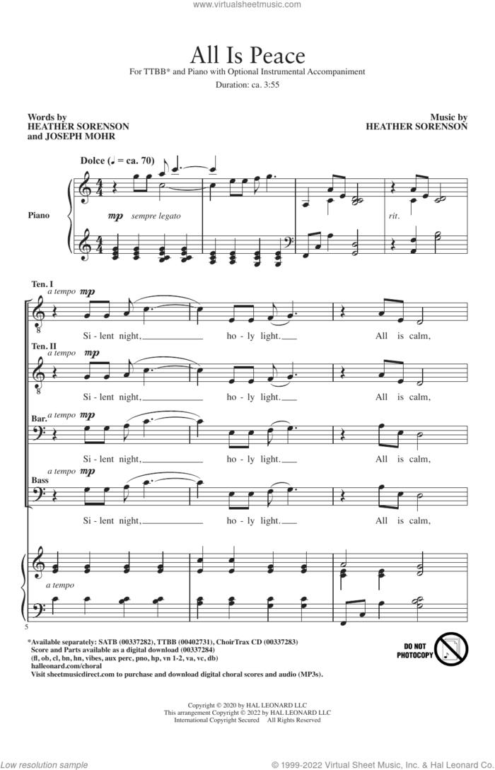 All Is Peace sheet music for choir (TTBB: tenor, bass) by Heather Sorenson, Heather Sorenson and Joseph Mohr and Joseph Mohr, intermediate skill level
