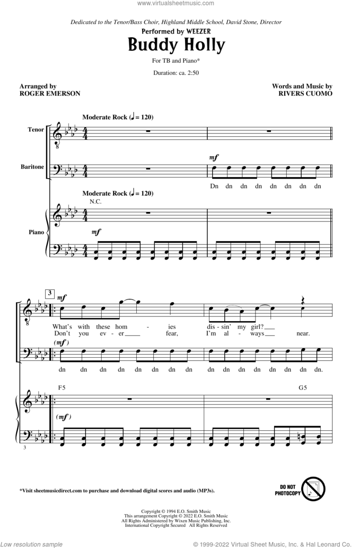 Buddy Holly (arr. Roger Emerson) sheet music for choir (TB: tenor, bass) by Weezer, Roger Emerson and Rivers Cuomo, intermediate skill level