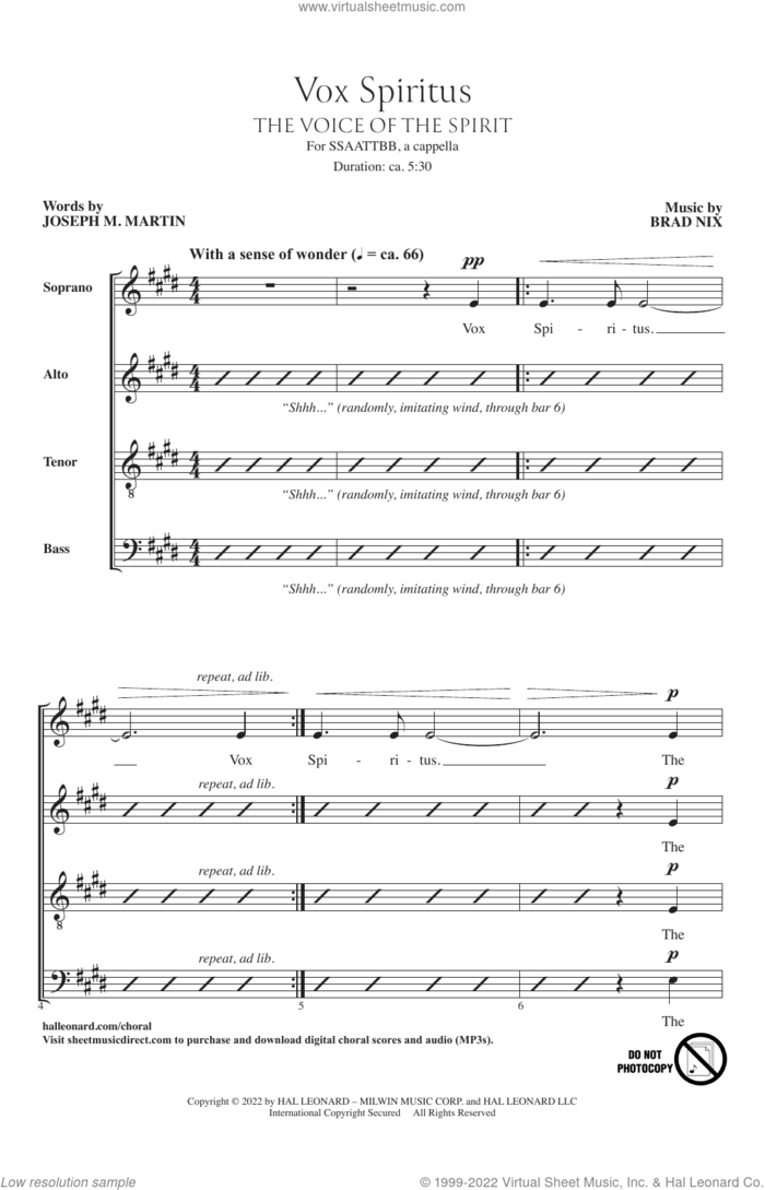 Vox Spiritus (The Voice Of The Spirit) sheet music for choir (SATB: soprano, alto, tenor, bass) by Brad Nix and Joseph M. Martin and Brad Nix and Joseph M. Martin, intermediate skill level