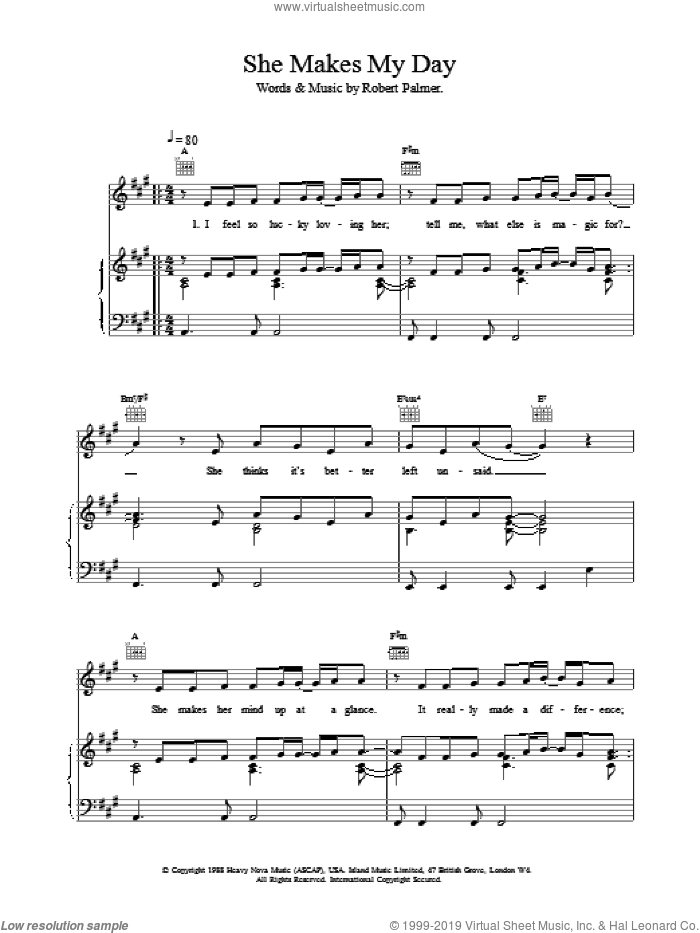 She Makes My Day sheet music for voice, piano or guitar by Robert Palmer, intermediate skill level