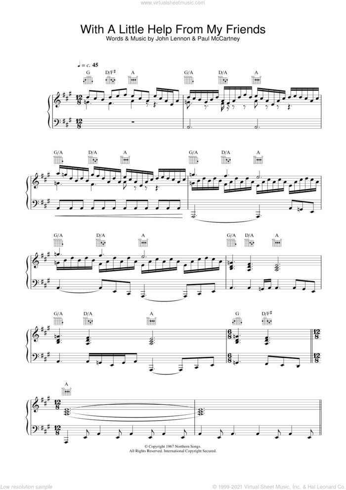 With A Little Help From My Friends sheet music for voice, piano or guitar by Joe Cocker, John Lennon and Paul McCartney, intermediate skill level