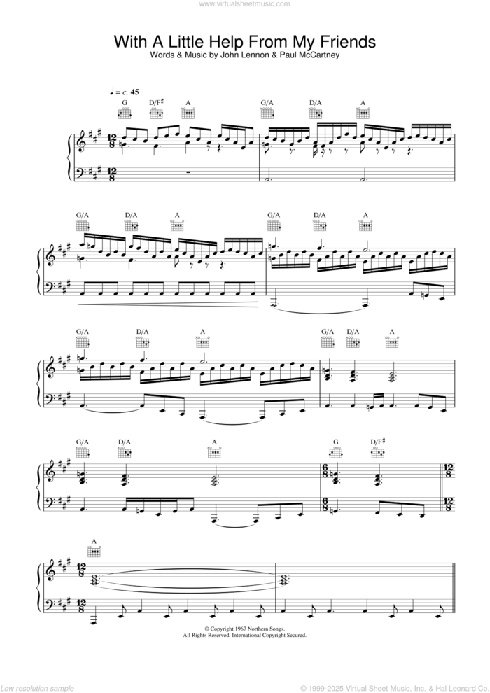 With A Little Help From My Friends sheet music for voice, piano or guitar by Joe Cocker, John Lennon and Paul McCartney, intermediate skill level