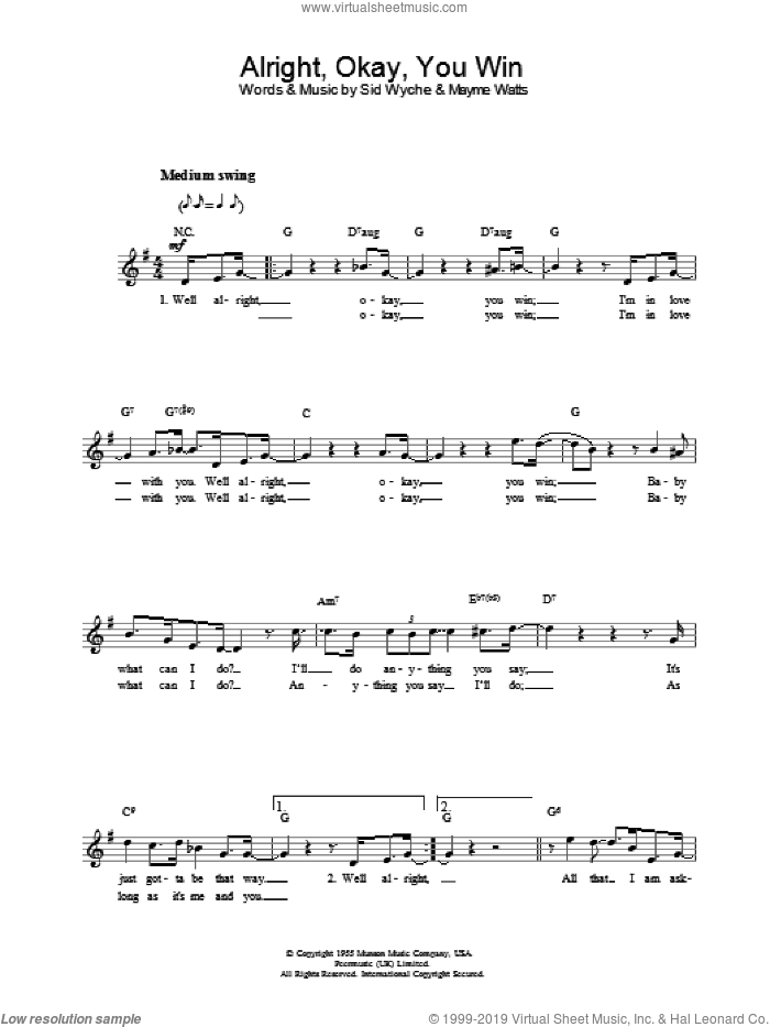 Alright, Okay, You Win sheet music for voice and other instruments (fake book) by Wyche And Watts and Elvis Presley, intermediate skill level