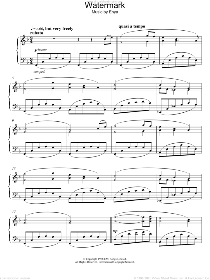 Watermark, (intermediate) sheet music for piano solo by Enya, intermediate skill level
