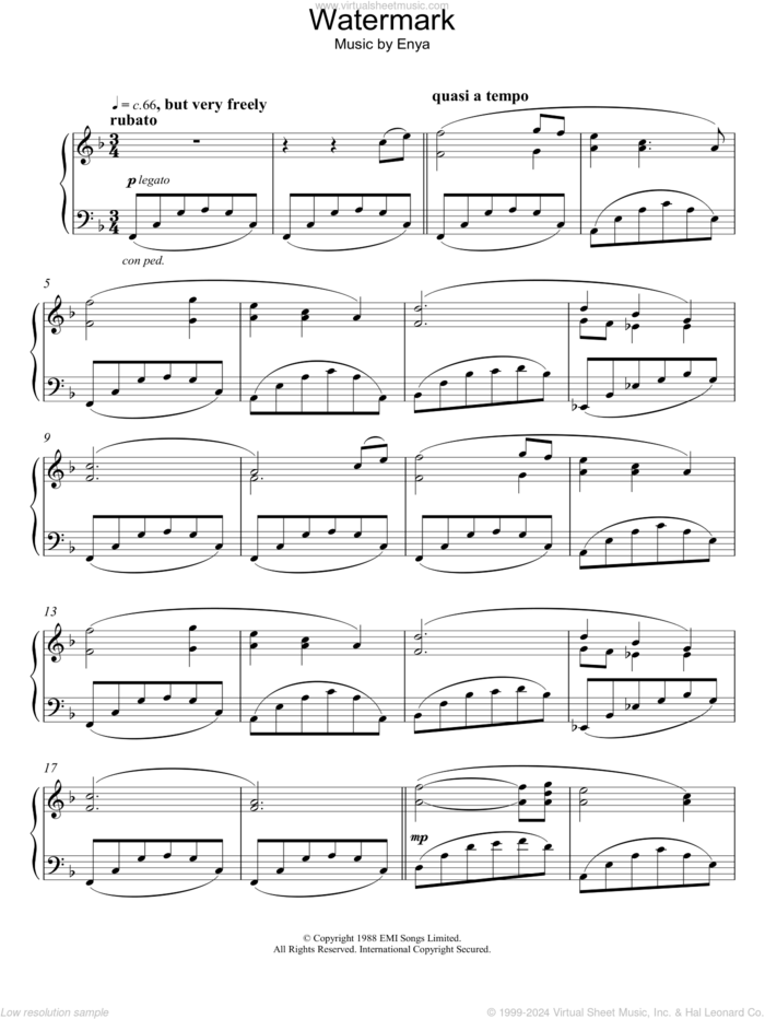 Watermark, (intermediate) sheet music for piano solo by Enya, intermediate skill level