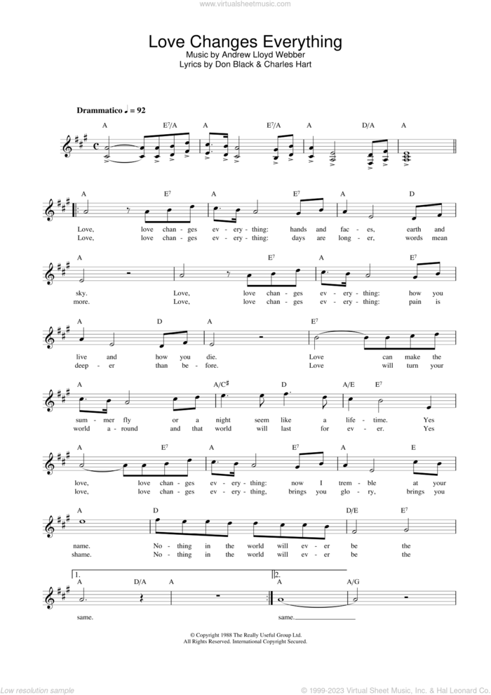 Love Changes Everything (from Aspects of Love) sheet music for voice and other instruments (fake book) by Andrew Lloyd Webber, Michael Ball, Charles Hart and Don Black, intermediate skill level