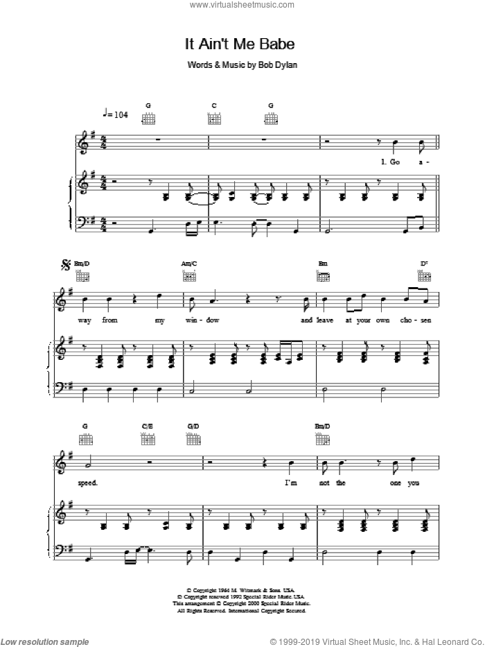 It Ain't Me Babe sheet music for voice, piano or guitar by Bob Dylan and Johnny Cash, intermediate skill level