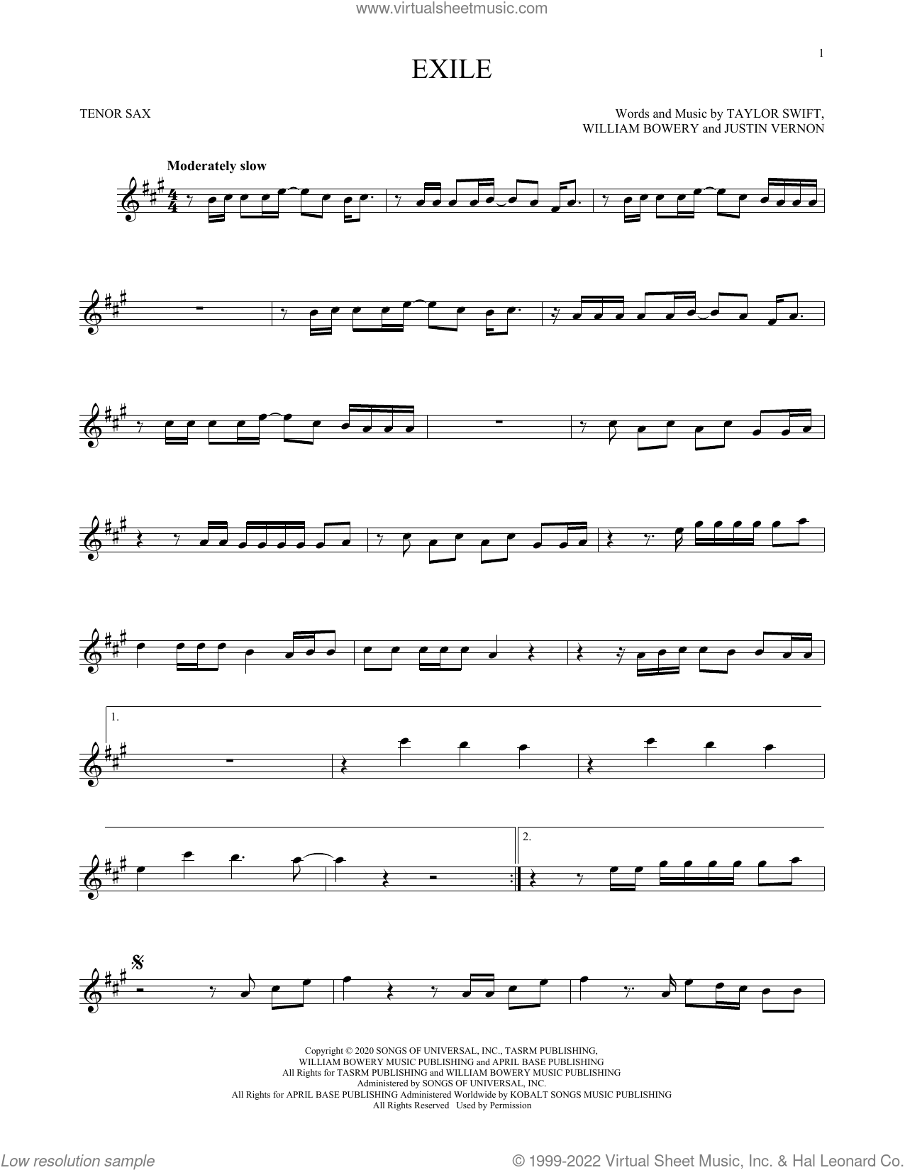 exile (feat. Bon Iver) sheet music for tenor saxophone solo (PDF), image size:1276x1650
