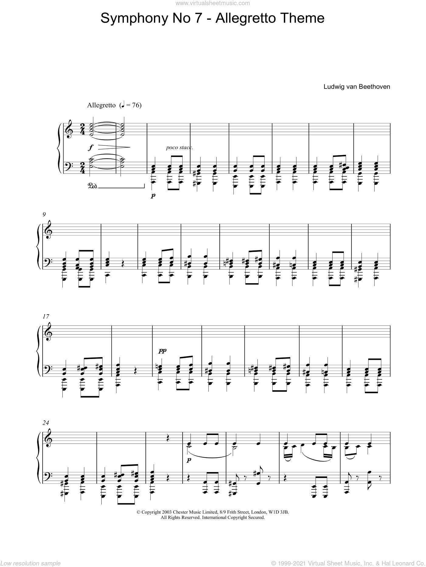 Beethoven - Symphony No. 7 - Allegretto Theme sheet music for piano solo