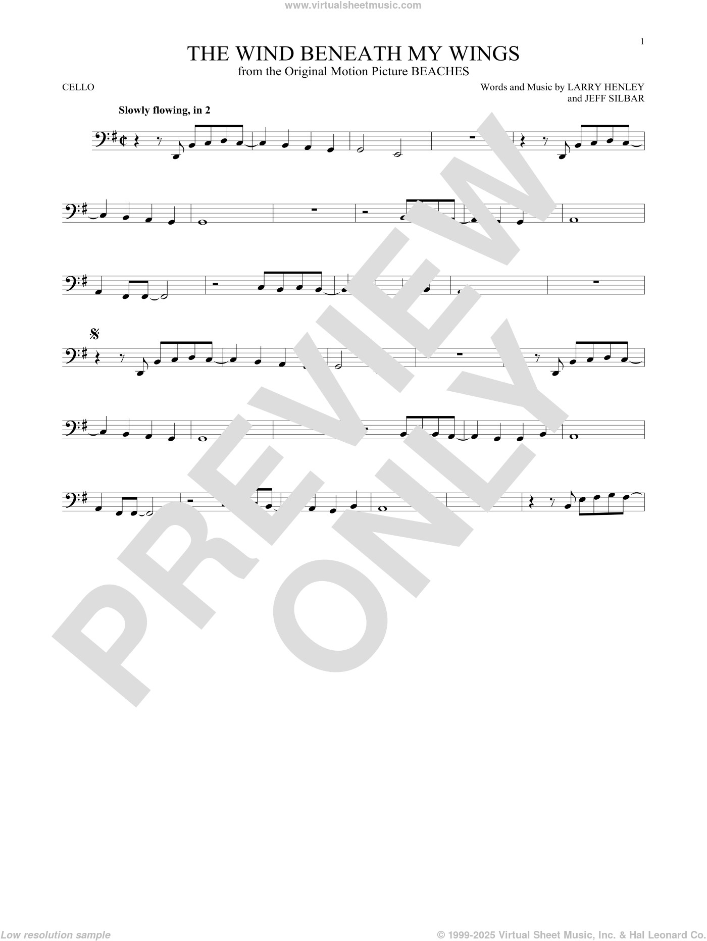 The Wind Beneath My Wings sheet music for cello solo (PDF)
