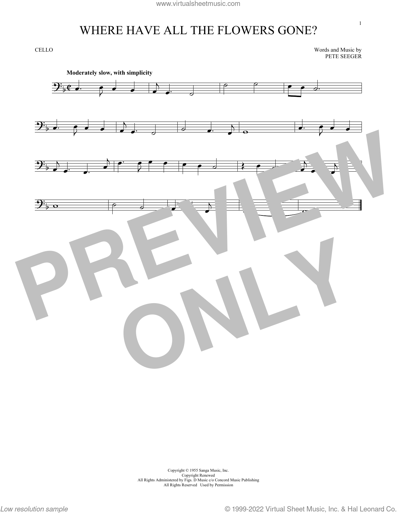 Where Have All The Flowers Gone? sheet music for cello solo (PDF)