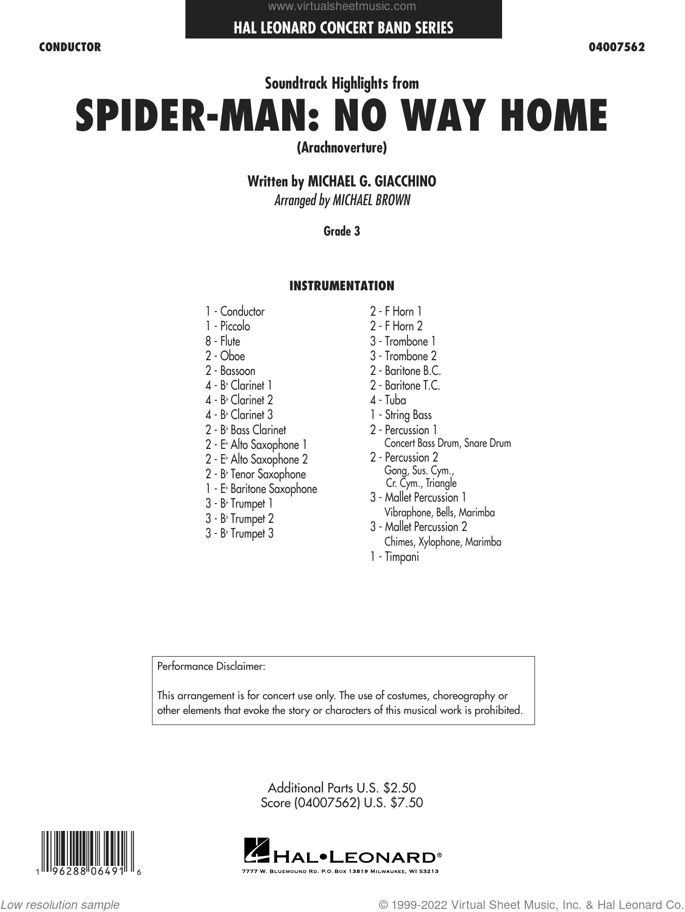 Soundtrack Highlights from Spider-Man: No Way Home (arr. Michael Brown)  sheet music (complete collection) for concert band