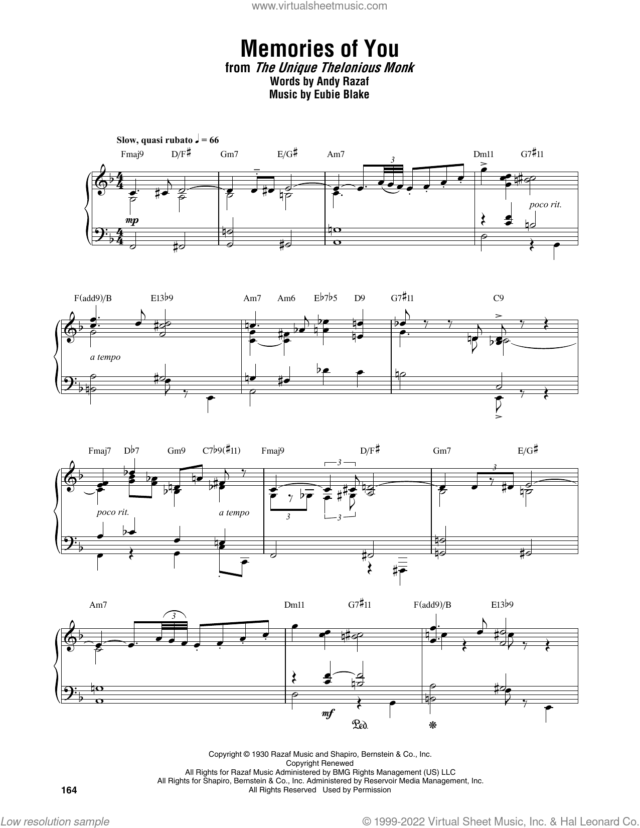 Thelonious Monk: Memories Of You sheet music for piano solo (transcription)