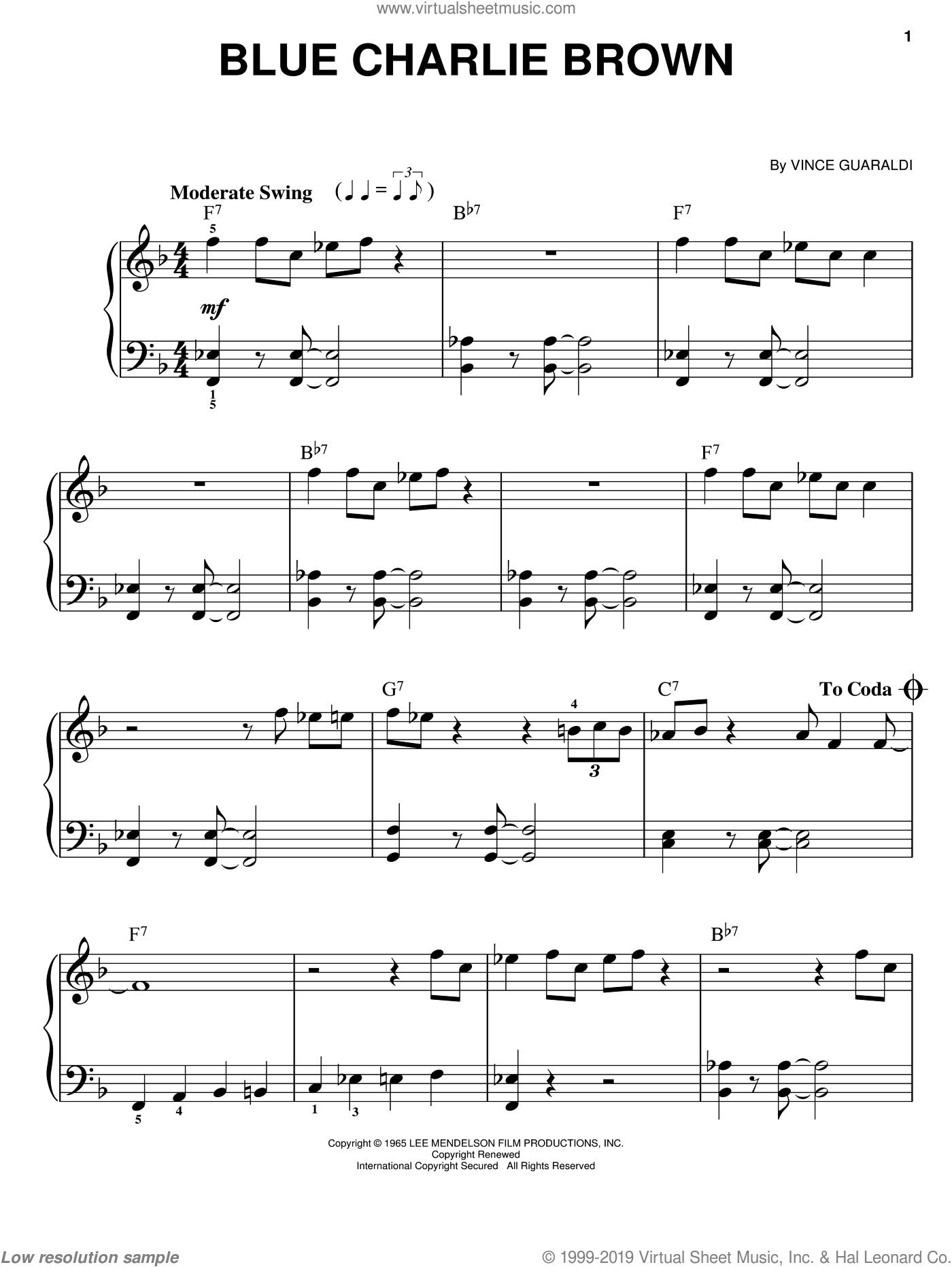 Guaraldi - Blue Charlie Brown sheet music for piano solo (PDF)