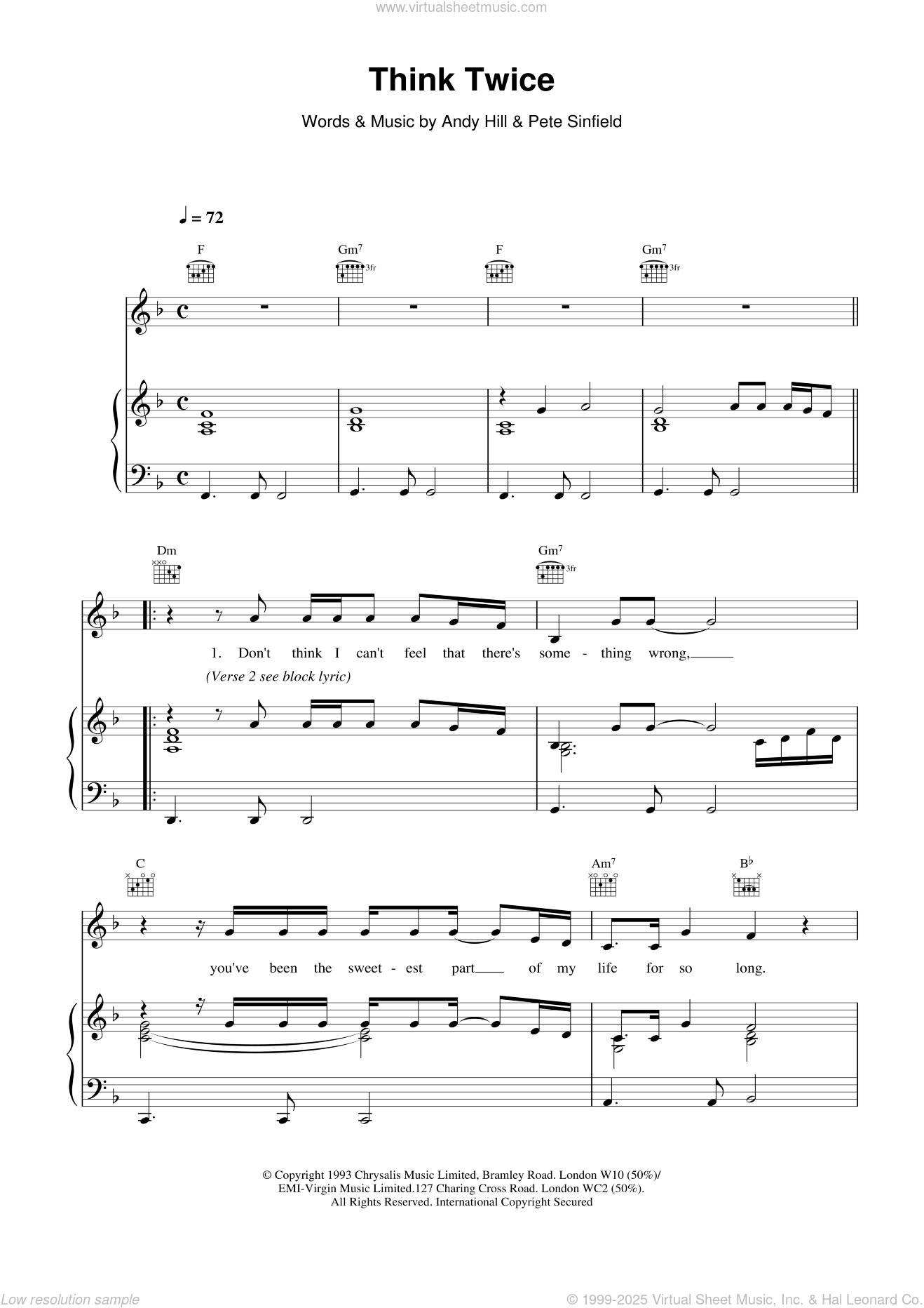 Think Twice sheet music for piano solo (chords, lyrics, melody) v2