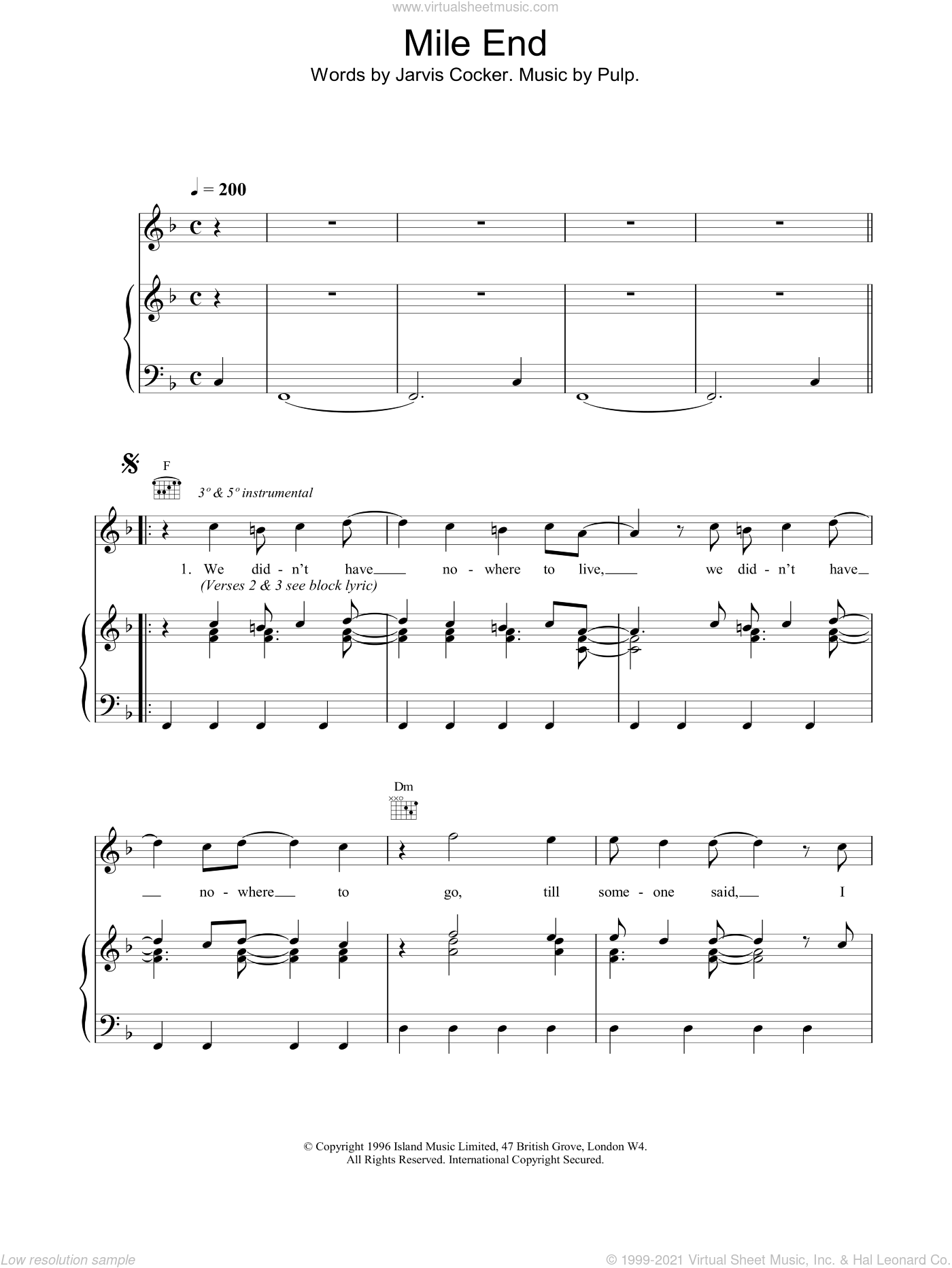 Mile End sheet music for voice, piano or guitar (PDF)