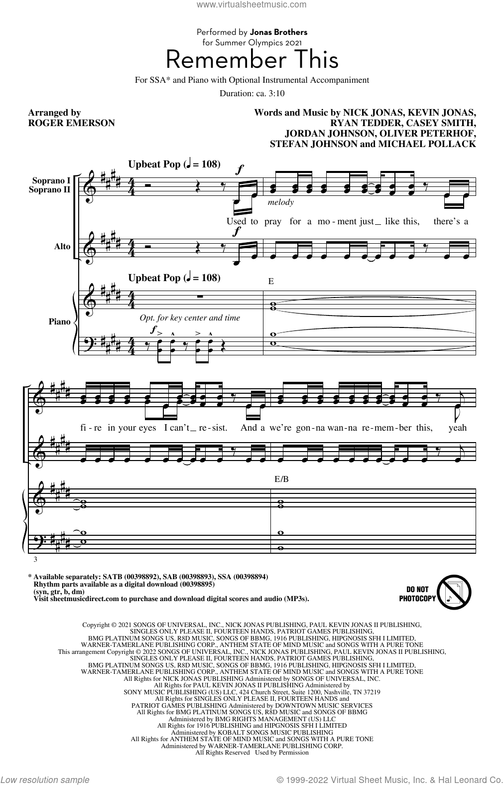 Remember This (arr. Roger Emerson) sheet music for choir (SSA: soprano ...