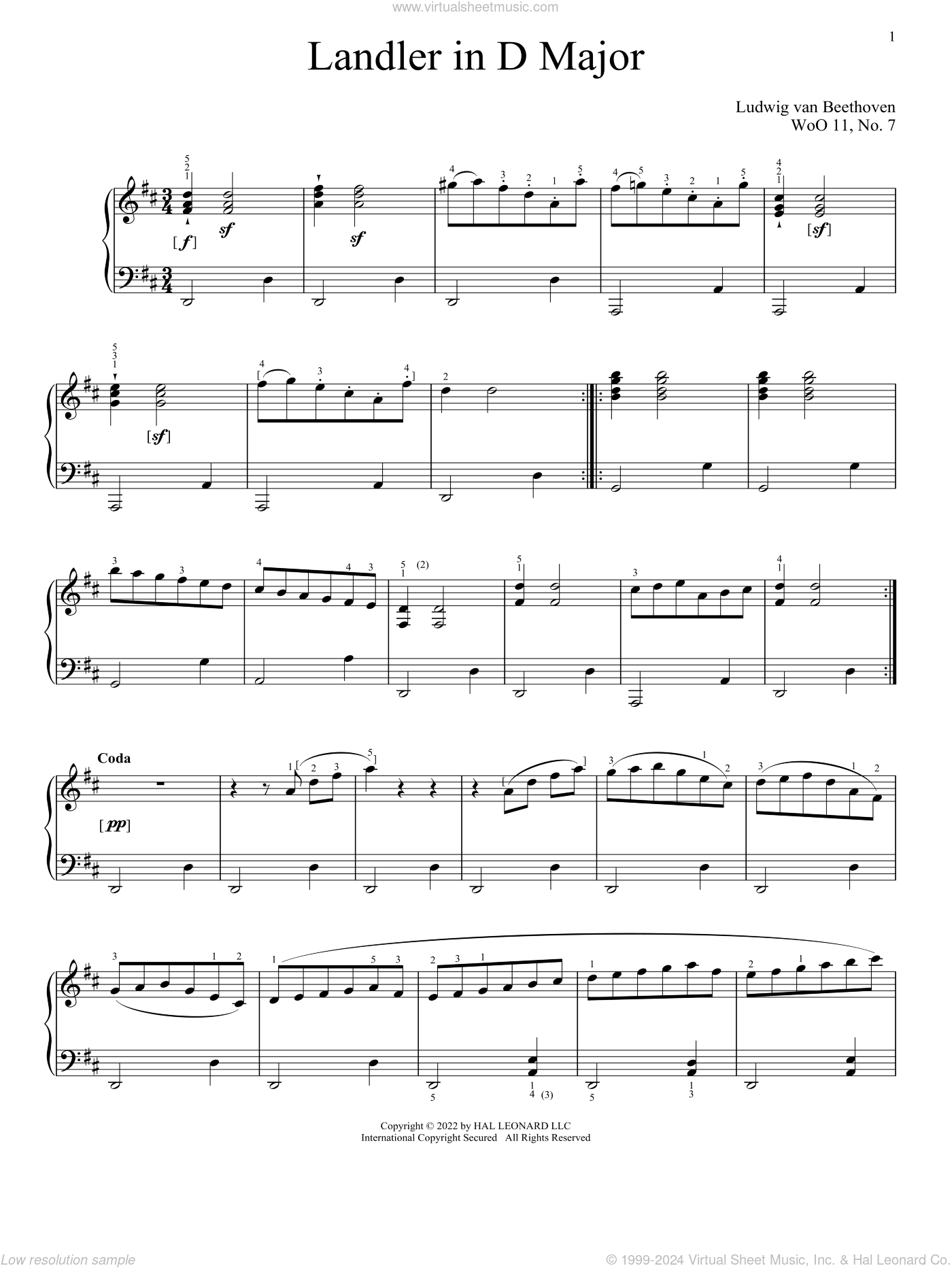 Landler In D Major, WoO 11, No. 7 sheet music for piano solo